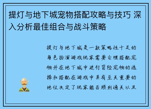 提灯与地下城宠物搭配攻略与技巧 深入分析最佳组合与战斗策略
